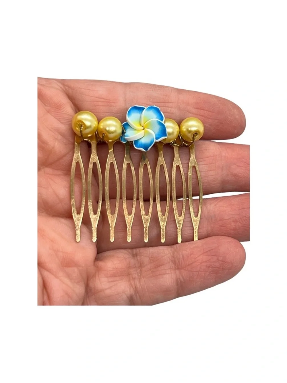 Gold Floral Hair Comb with Blue Plumeria Accent